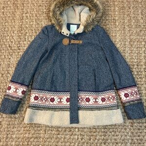 Anthropologie Elevenses Northerner Embroidered Fur Hood Long Sleeve Coat Rare M